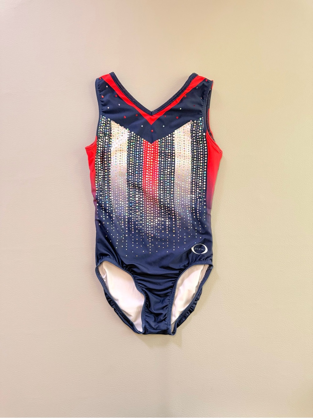 Ozone Gymnastics Leotard Girls Rhinestone Patriotic USA - Adult Small - Flaws
